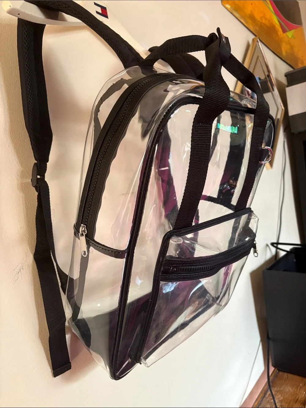 Clear plastic backpack book bag black adjustable straps tote